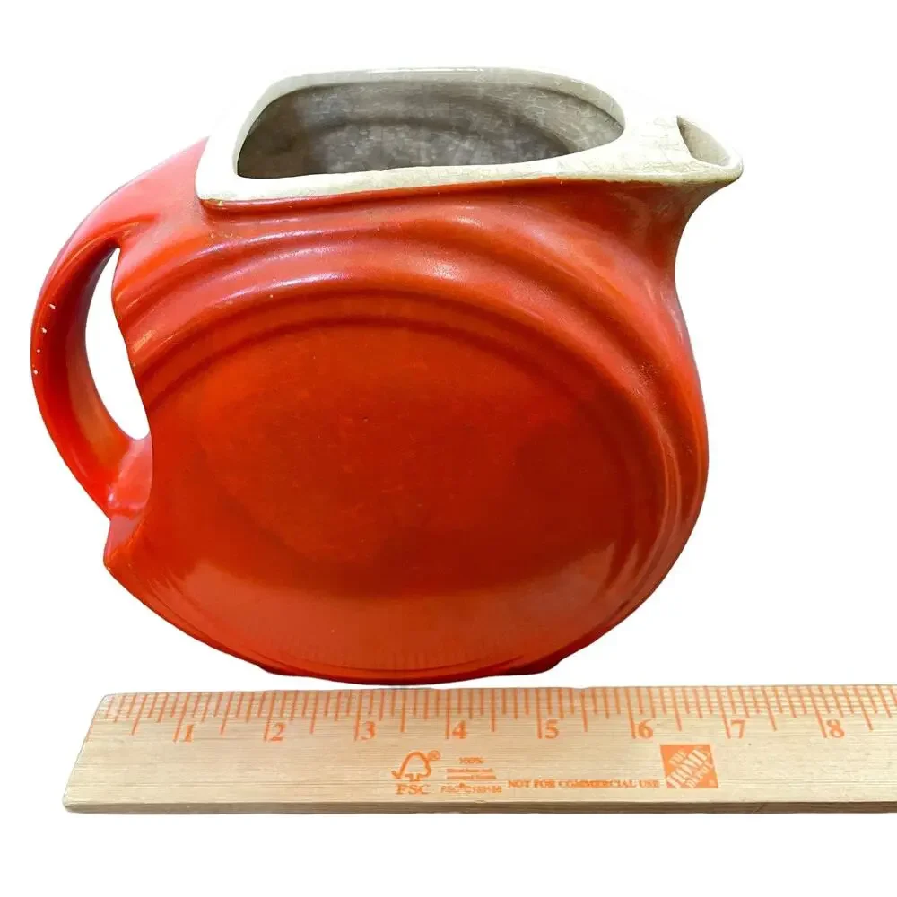 Vintage Disc Pitcher Orange Red Art Deco Poppy Crazing Unmarked 1930s USA READ
